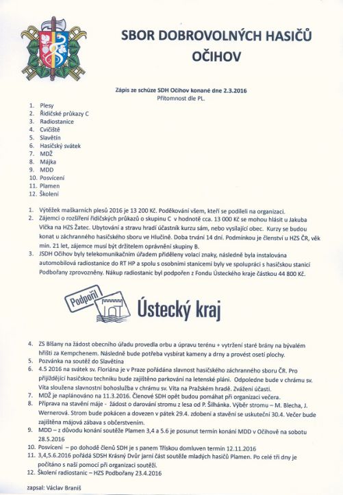Zápis ze schůze členů SDH Očihov konané dne 02.03.2016