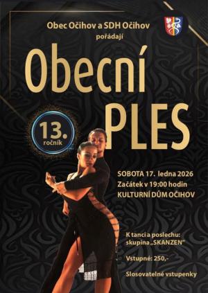 Pozvánka na 13. obecní ples, který se koná 17. ledna 2026 od 19:00 v Kulturním domě v Očihově